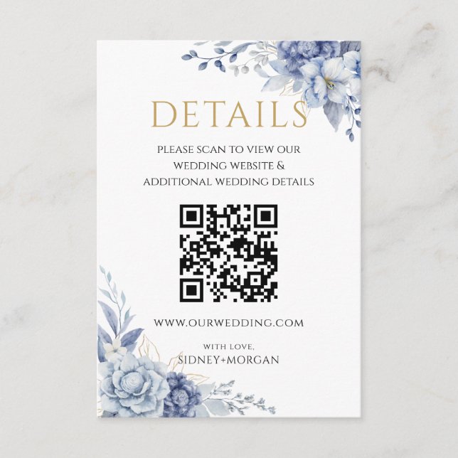 Elegant Dusty Blue Floral wedding QR code Details Enclosure Card (Front)