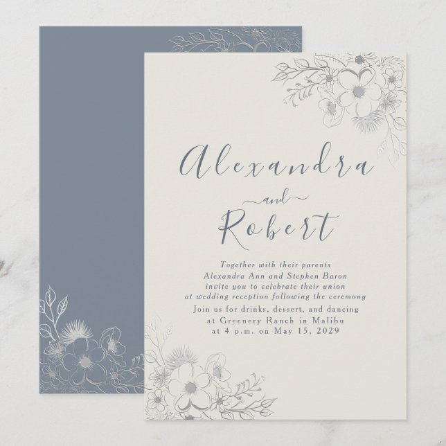 Elegant Dusty Blue Floral Wedding Reception Invitation (Front/Back)
