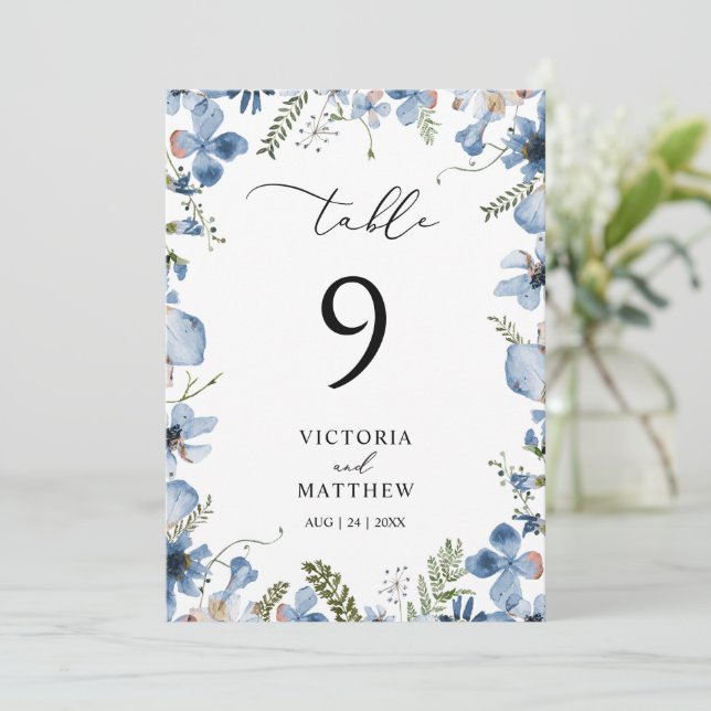 Elegant Dusty Blue Floral Wedding Table Number (Standing Front)