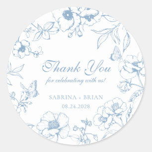 Elegant Dusty Blue Floral Wedding Thank You Classic Round Sticker