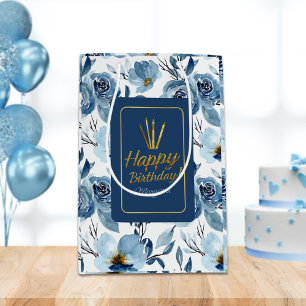 Elegant Dusty Blue Floral White Happy Birthday  Medium Gift Bag