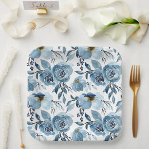 Elegant Dusty Blue Floral & White Square Party Paper Plate