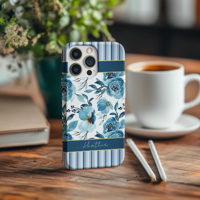Elegant Dusty Blue Floral White Stripe Monogram iPhone Case (Creator Uploaded)