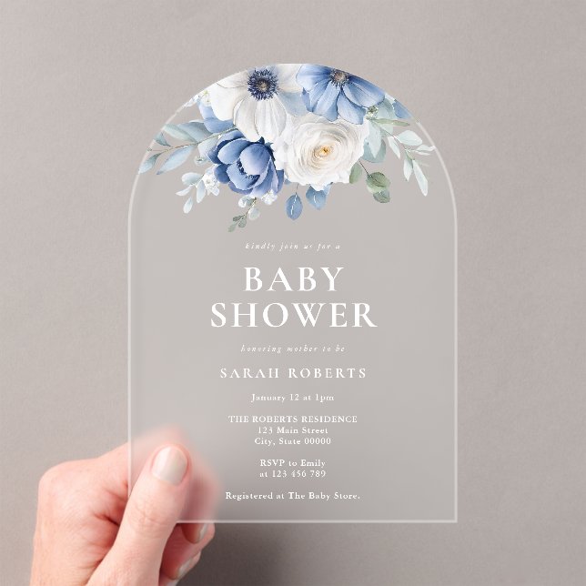 Elegant Dusty Blue Floral Winter Baby Shower Acrylic Invitations (Insitu (Handheld))