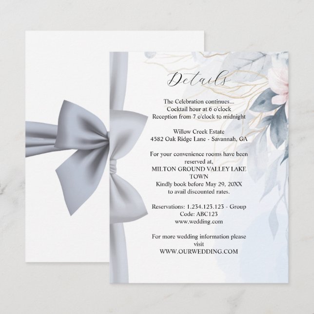 Elegant Dusty Blue Floral with Bow Enclosure Card (Front/Back)