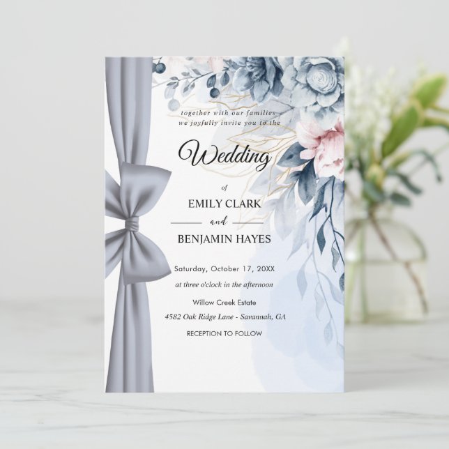 Elegant Dusty Blue Floral  with Bow Wedding Invitation (Standing Front)