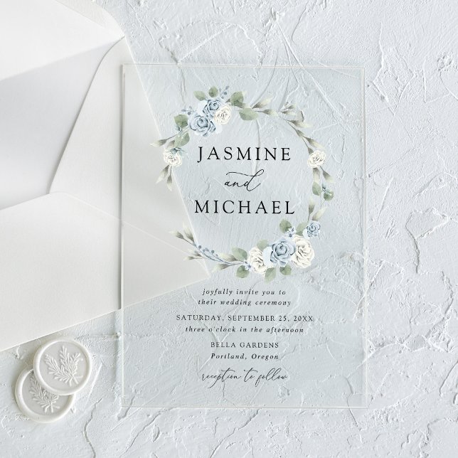 Elegant Dusty Blue Floral Wreath Wedding Acrylic Invitations (Creator Uploaded)
