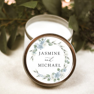 Elegant Dusty Blue Floral Wreath Wedding Classic Round Sticker