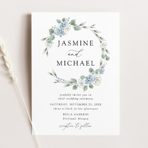 Elegant Dusty Blue Floral Wreath Wedding Invitation