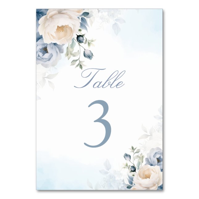 Elegant Dusty Blue Flowers, Floral Wedding  Table Number (Back)