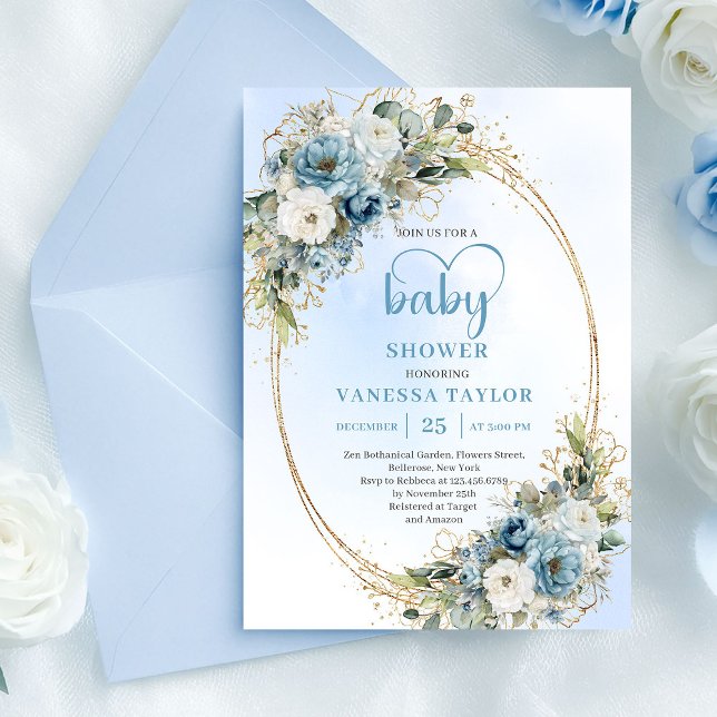 Elegant Dusty Blue Flowers Gold Baby Shower Invite (Elegant Dusty Blue Flowers Gold Baby Shower Invite

)