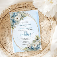 Elegant Dusty Blue Flowers Gold Wedding Invite