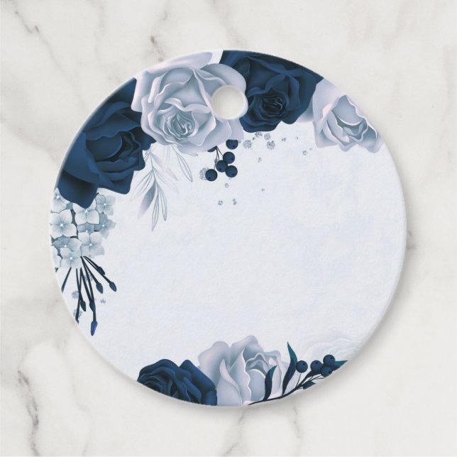 elegant dusty blue flowers navy blue favour tag (Front)
