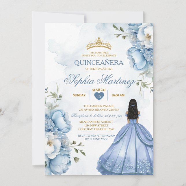 Elegant Dusty Blue Flowers Princess Quinceañera Invitation (Front)