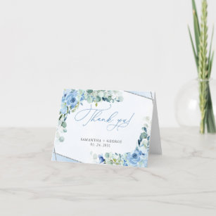 Elegant Dusty blue flowers silver frame folded Thank You Card