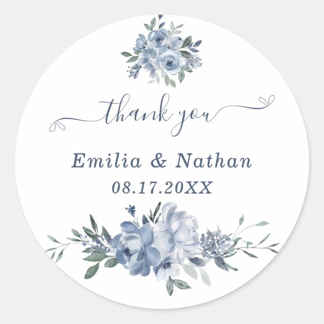 Elegant Dusty Blue Flowers Thank You Favour  Classic Round Sticker (Front)