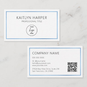 Elegant Dusty Blue Foil Frame Minimal Logo QR Code Business Card