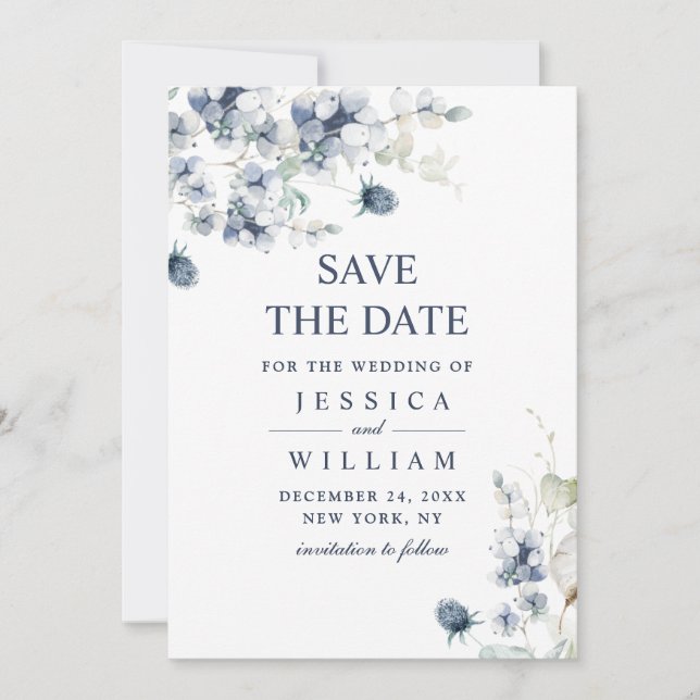 Elegant Dusty Blue Foliage Wedding Save the Date (Front)