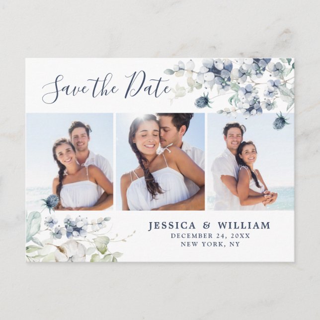 Elegant Dusty Blue Foliage Wedding Save the Date Postcard (Front)
