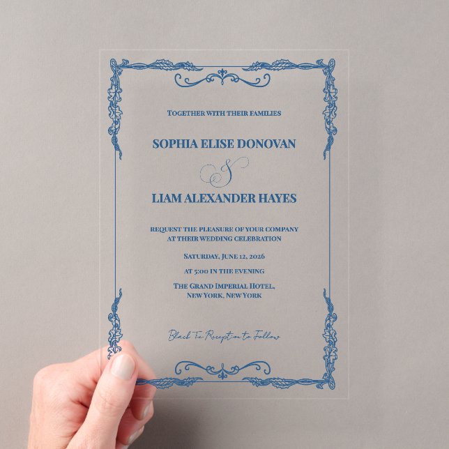 Elegant Dusty Blue Formal Wedding Black Tie Acrylic Invitations (Insitu (Handheld))