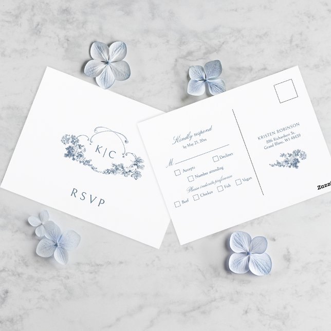 Elegant Dusty Blue French Floral Crest RSVP Postcard (Creator Uploaded)