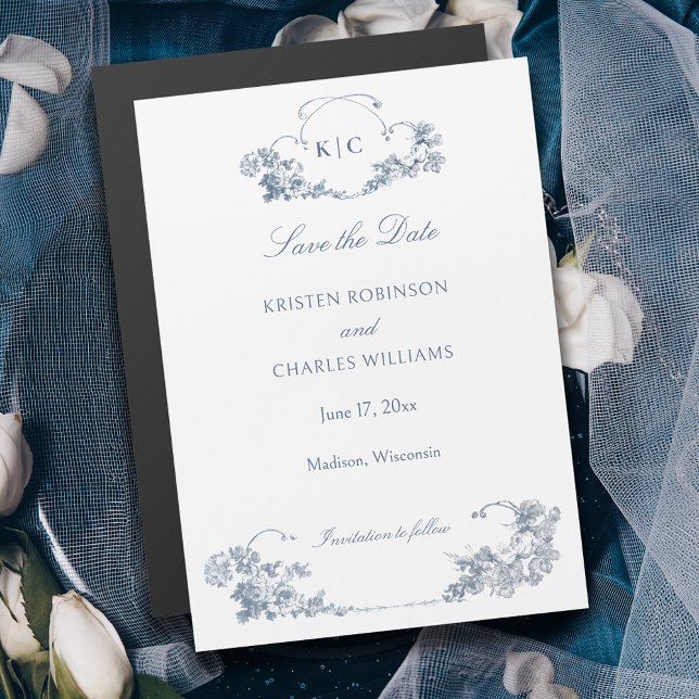Elegant Dusty Blue French Floral Save the Date Magnetic Invitation (Creator Uploaded)