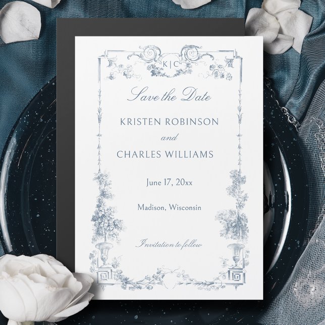 Elegant Dusty Blue French Floral Save the Date Magnetic Invitation (Creator Uploaded)