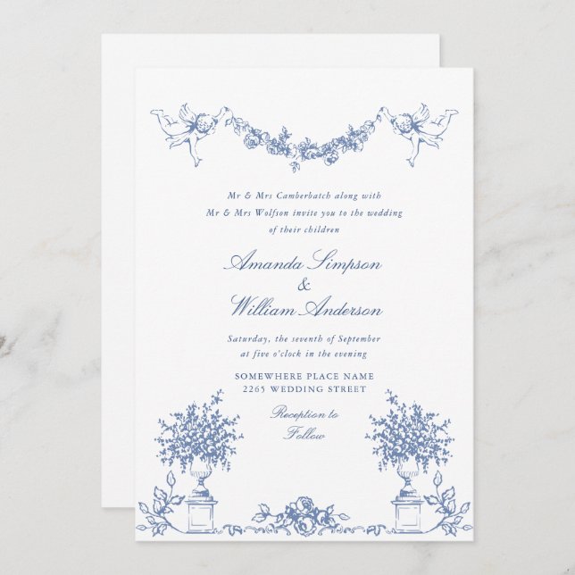 Elegant Dusty Blue French Garden Floral Wedding Invitation (Front/Back)