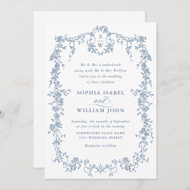 Elegant Dusty Blue French Garden Floral Wedding Invitation (Front/Back)