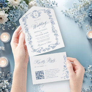 Elegant Dusty Blue French Garden Flowers Wedding All In One Invitation
