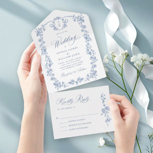 Elegant Dusty Blue French Garden Flowers Wedding All In One Invitation