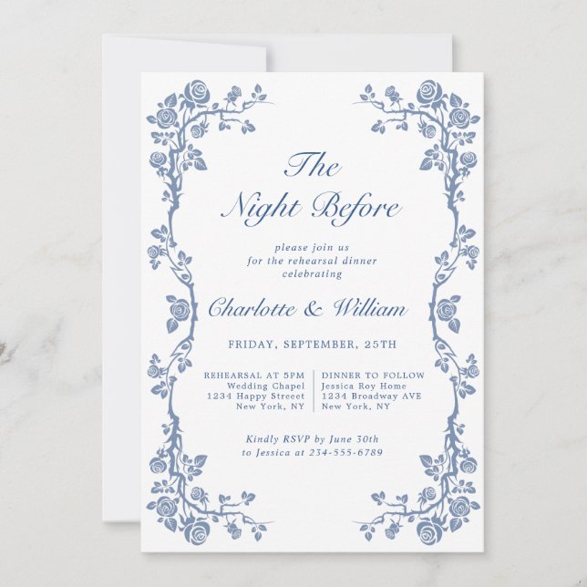 Elegant Dusty Blue French Garden Rehearsal Dinner Invitation (Front)
