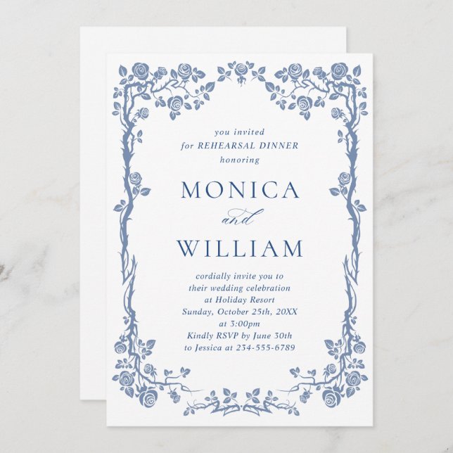 Elegant Dusty Blue French Garden REHEARSAL DINNER Invitation (Front/Back)