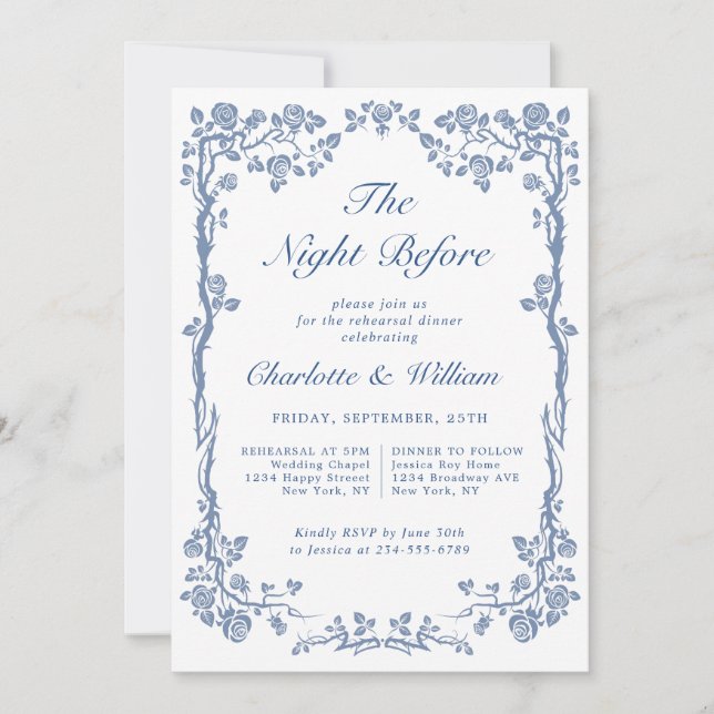 Elegant Dusty Blue French Garden Rehearsal Dinner Invitation (Front)
