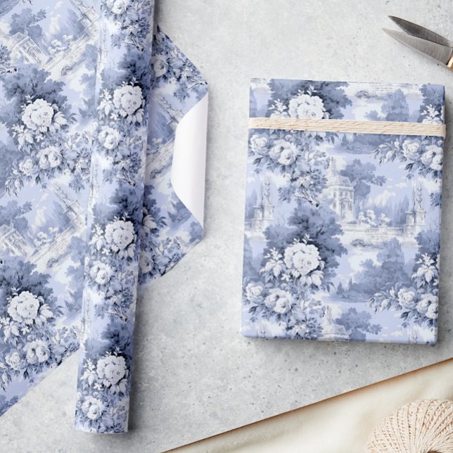 Elegant Dusty Blue French Roses Toile Floral Wrapping Paper (Creator Uploaded)