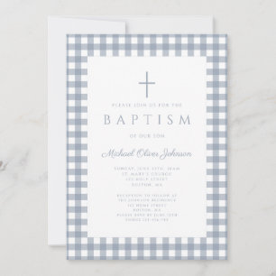 Elegant Dusty Blue Gingham Boy Baptism Invitation