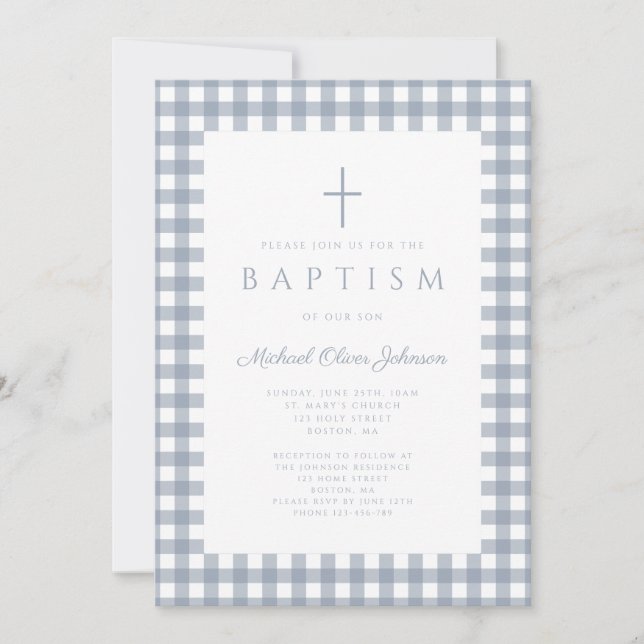Elegant Dusty Blue Gingham Boy Baptism Invitation (Front)