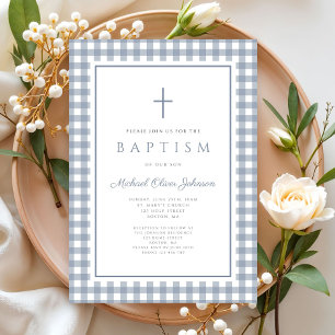 Elegant Dusty Blue Gingham Boy Baptism Invitation