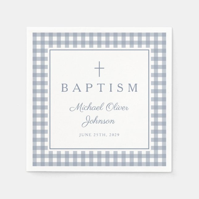 Elegant Dusty Blue Gingham Boy Baptism Napkin (Front)