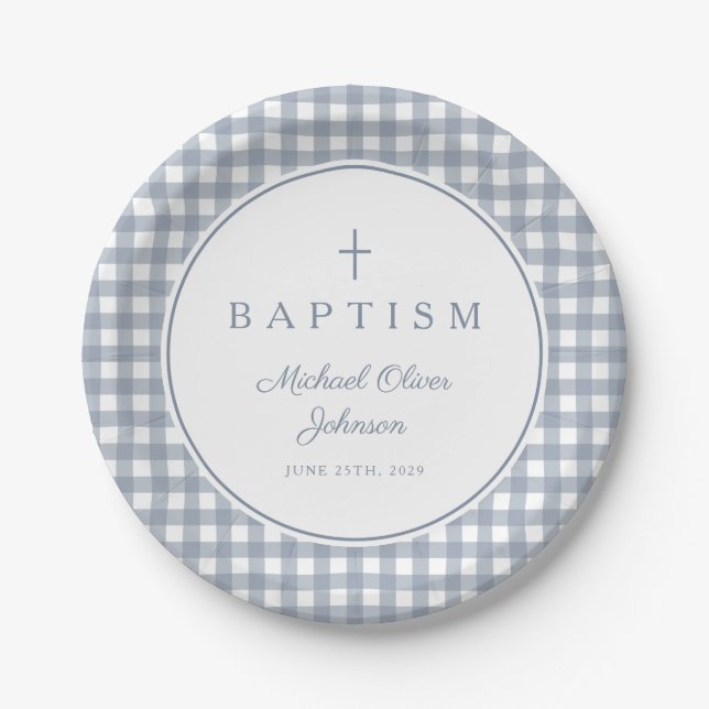 Elegant Dusty Blue Gingham Boy Baptism Paper Plate (Front)