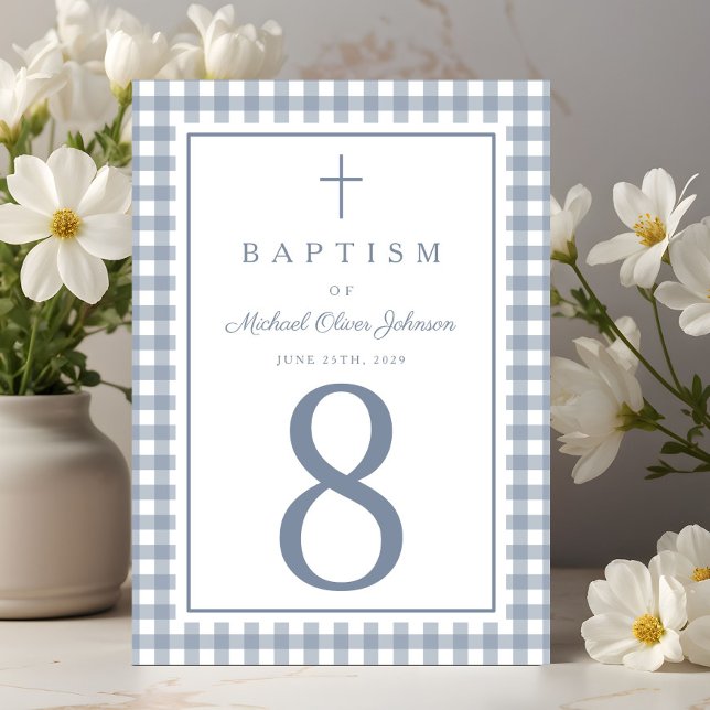 Elegant Dusty Blue Gingham Boy Baptism Table Number (Elegant Navy Blue Gingham Boy Baptism Table Number)