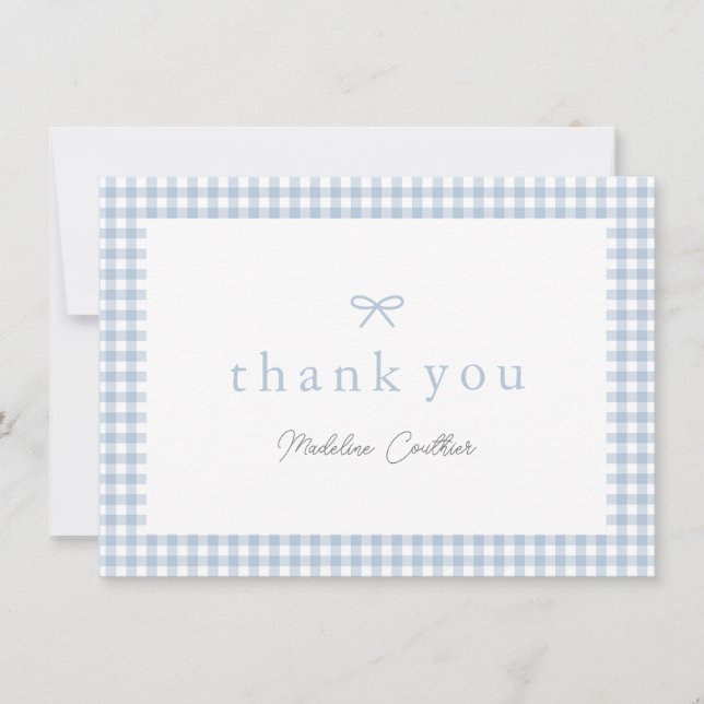 Elegant Dusty Blue Gingham Boys Baby Shower Thank You Card (Front)