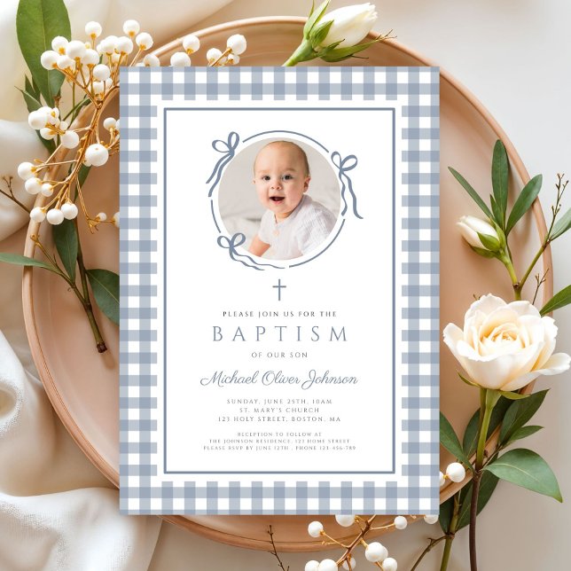 Elegant Dusty Blue Gingham Photo Girl Baptism Invitation (Creator Uploaded)
