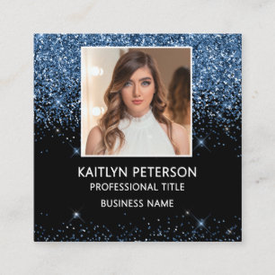 Elegant Dusty Blue Glitter Photo QR Code Black Square Business Card