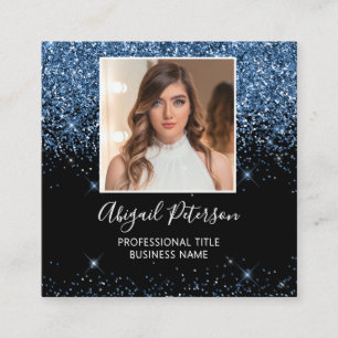 Elegant Dusty Blue Glitter Photo QR Code Black Square Business Card