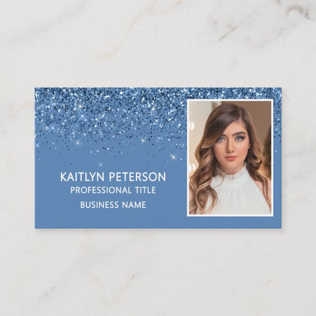 Elegant Dusty Blue Glitter Photo QR Code  Business Card (Front)