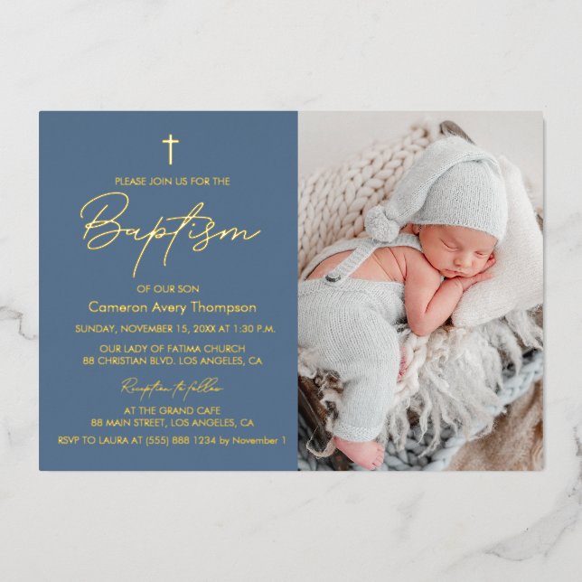 Elegant Dusty Blue Gold Cross Baby Baptism Photo (Front)