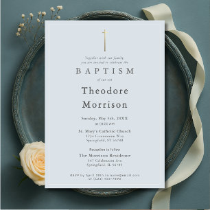 Elegant Dusty Blue Gold Cross Baptism Boy Invitation