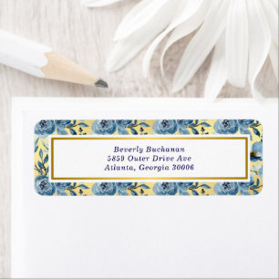 Elegant Dusty Blue Gold Floral Rose Return Address