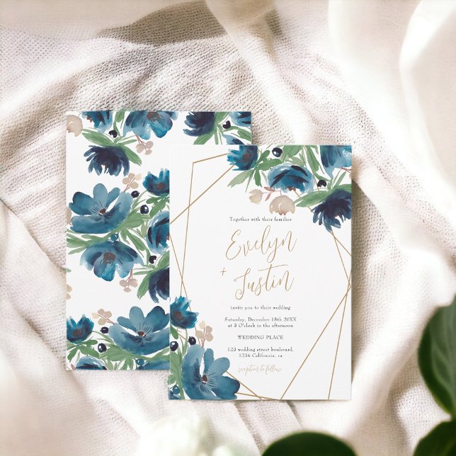 Elegant dusty blue gold Floral Watercolor Wedding Invitation (Elegant dusty blue gold Floral Watercolor Wedding Invitation)